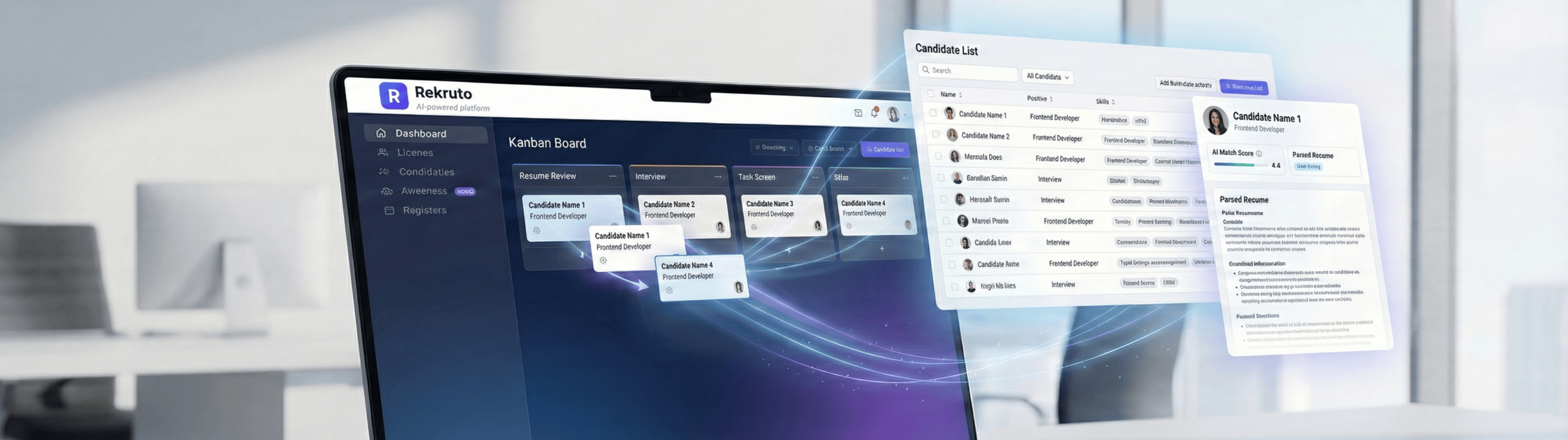 Rekruto recruitment platform — Kanban board, candidate list, and profile view